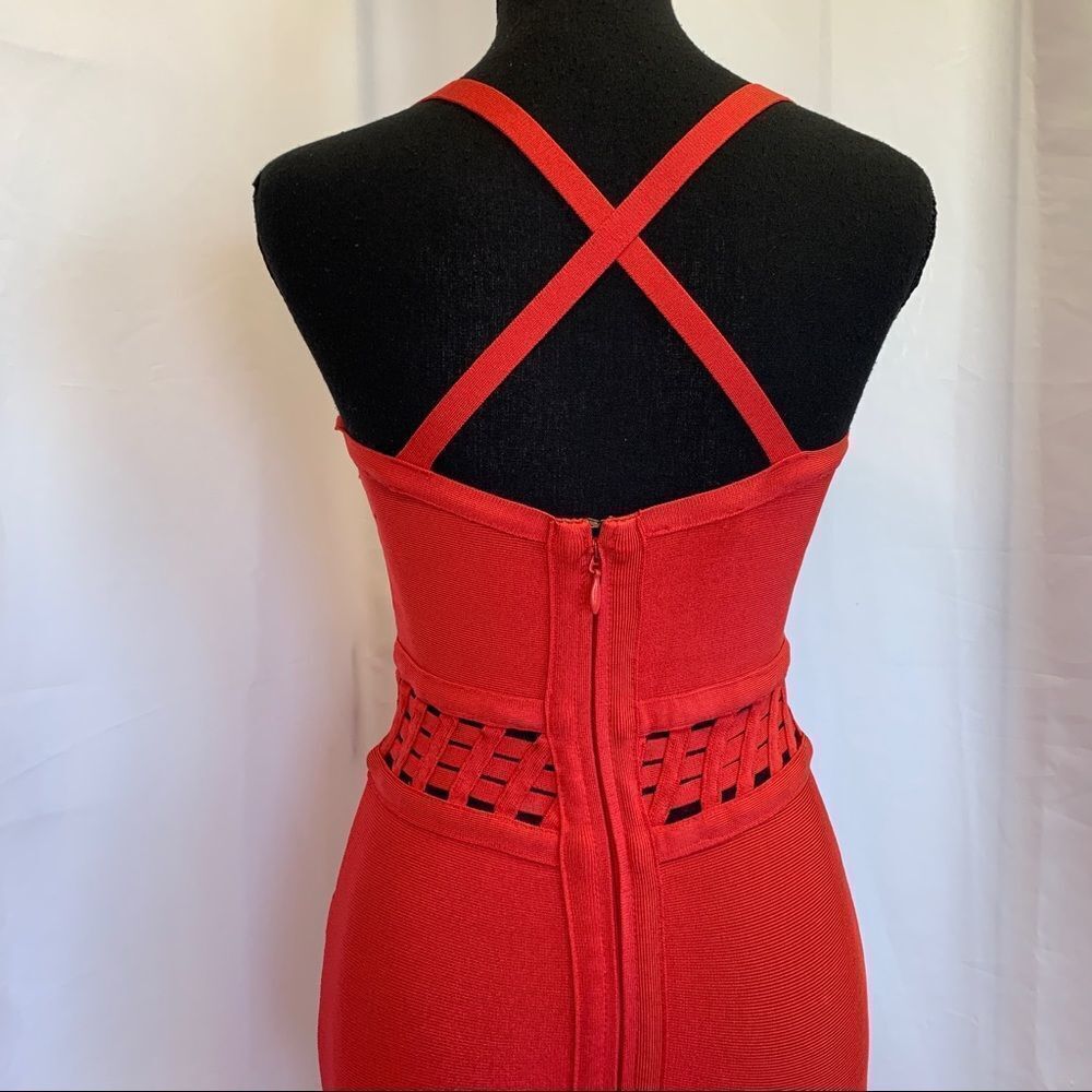 BEBE Red Bandage Bodycon Dress With Caged Waist Detail Sz M - Picture 6 of 12